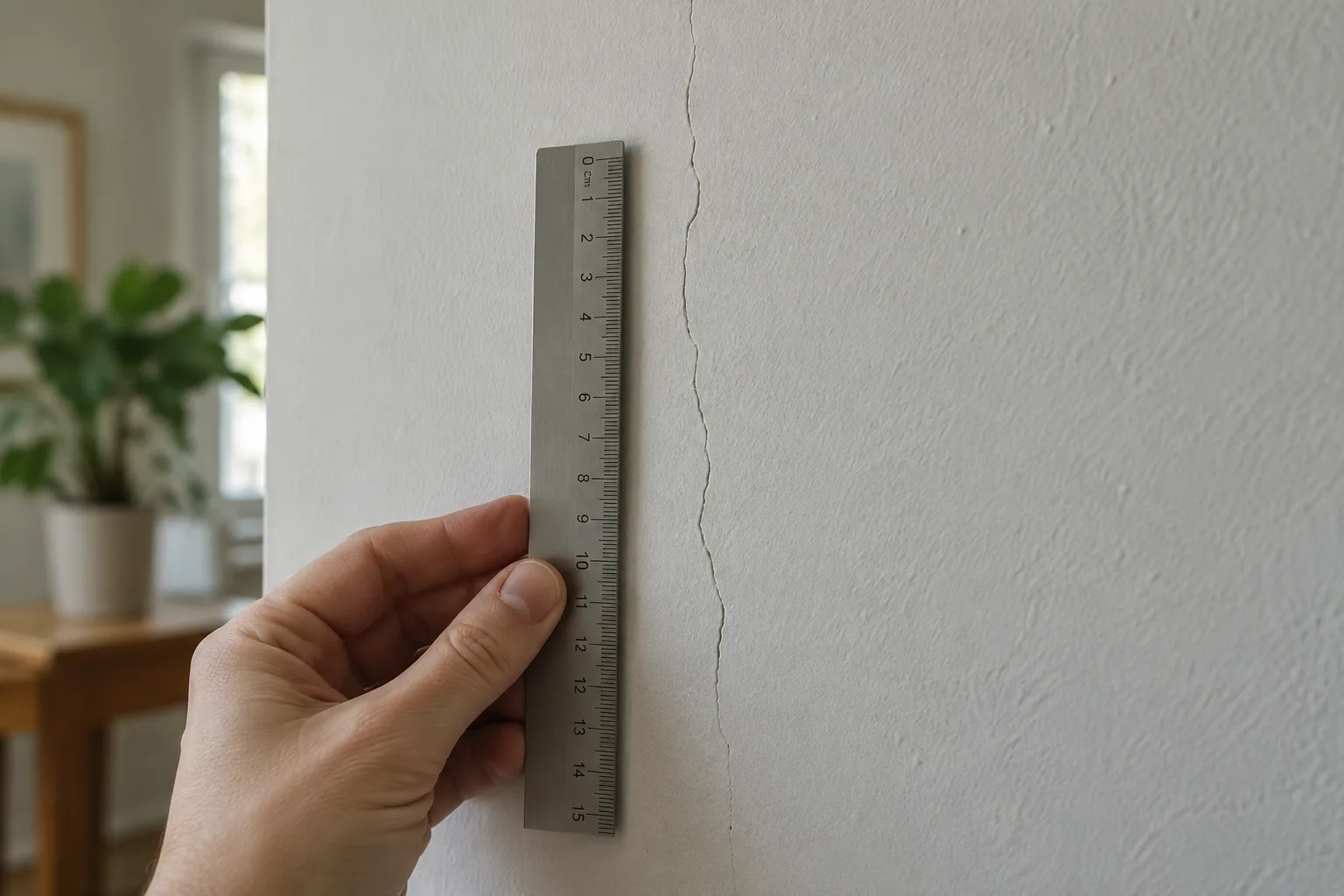 Une règle placée près d’une fine fissure sur un mur intérieur peint.