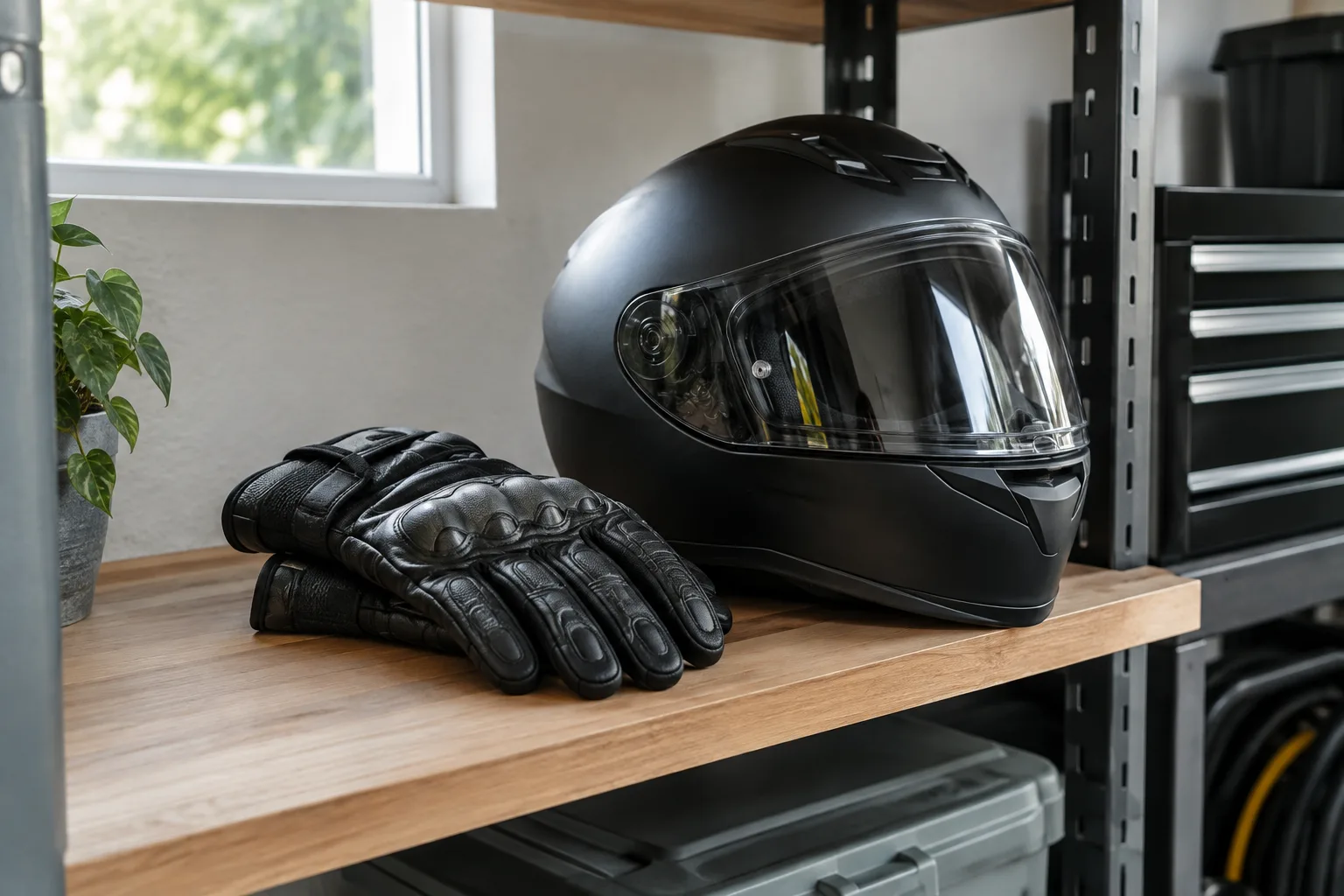 Des gants et un casque de moto rangés sur une étagère dans un garage ordonné.