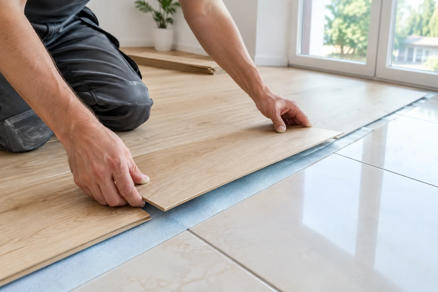 Des lames de sol stratifié sont posées sur une sous-couche au-dessus d’un ancien carrelage.