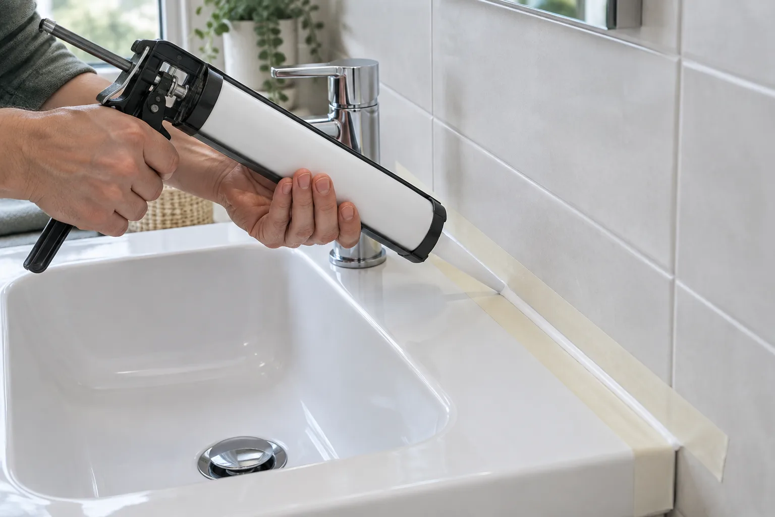 Application d’un nouveau joint en silicone le long d’un lavabo, avec du ruban de masquage sur les bords.