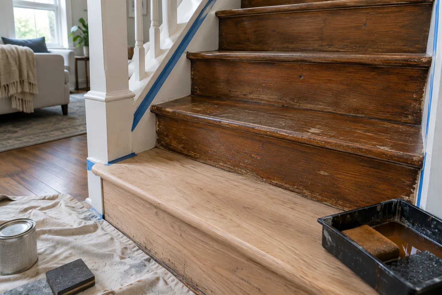 Marches d’un escalier en bois en cours de préparation avant l’application d’une nouvelle finition.