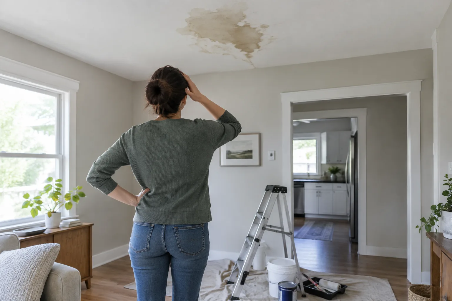 Une personne examine une auréole d’humidité au plafond avant réparation.