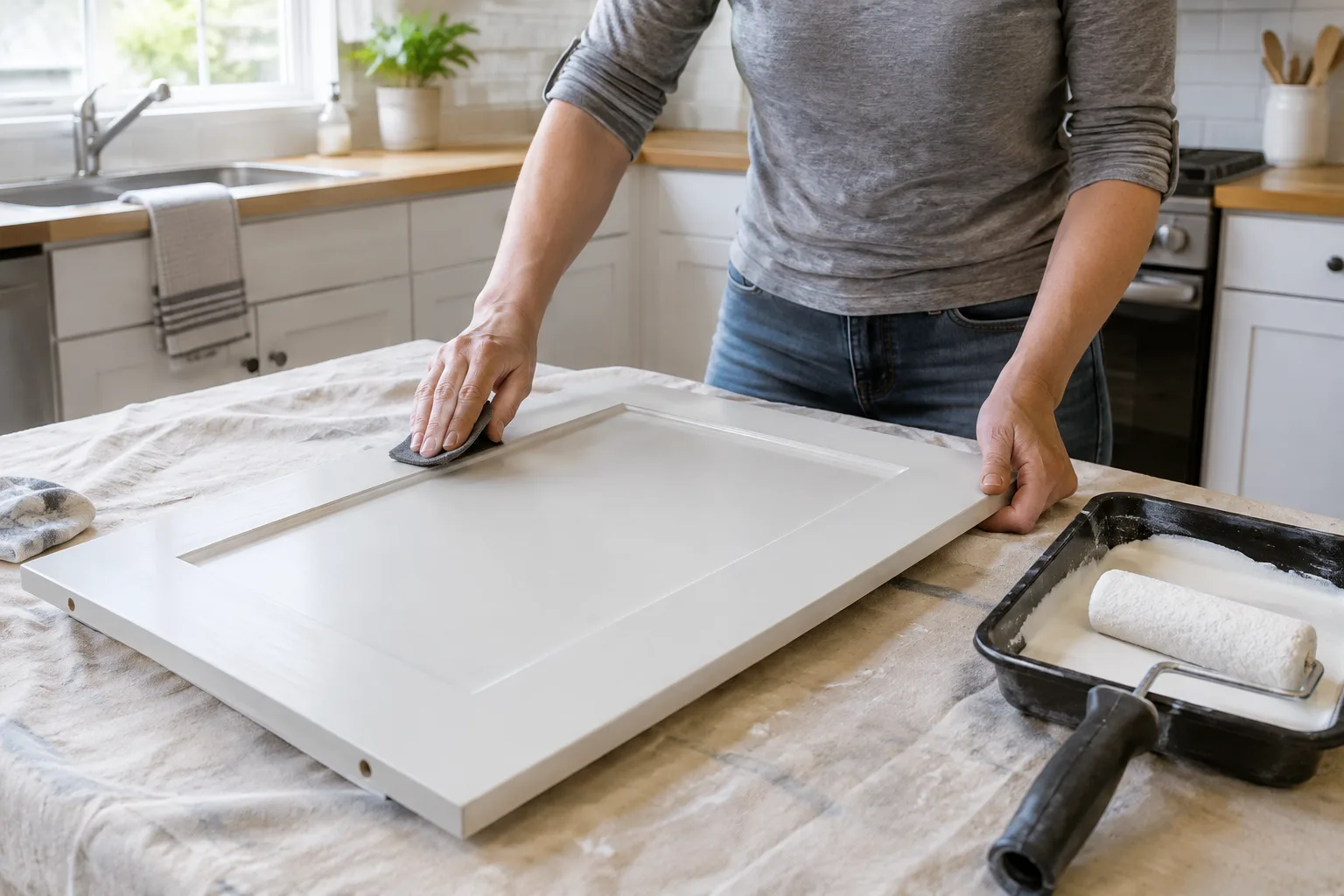 Porte de cuisine stratifiée déposée sur un établi avant sa préparation pour la peinture.